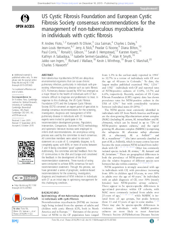 US Cystic Fibrosis Foundation and European Cystic Fibrosis Society consensus recommendations for the management of non-tuberculous mycobacteria in individuals with cystic fibrosis Thumbnail