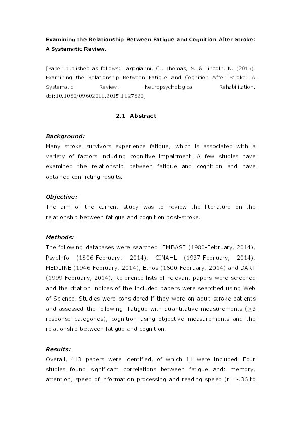 Examining the relationship between fatigue and cognition after stroke: a systematic review Thumbnail