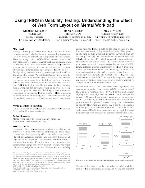 Using fNIRS in usability testing: understanding the effect of web form layout on mental workload Thumbnail
