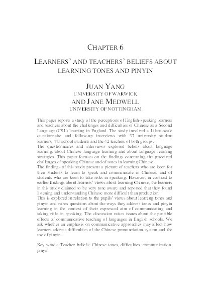 Learners' and teachers' beliefs about learning tones and Pinyin Thumbnail