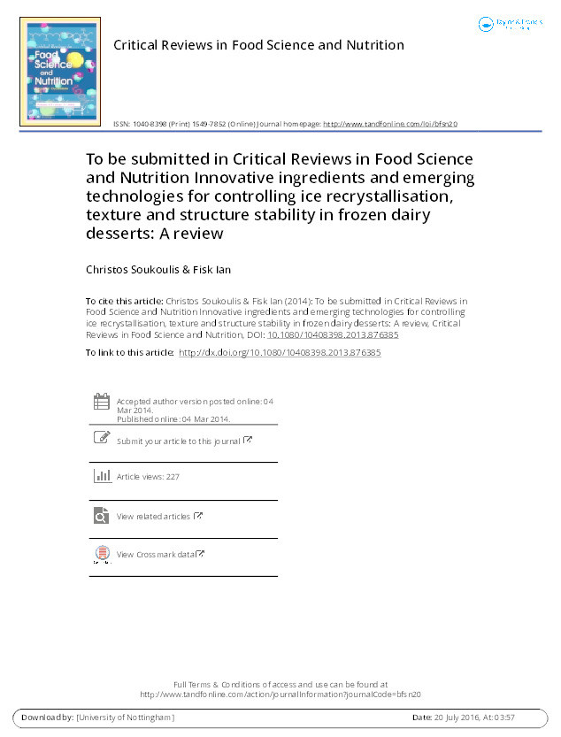 Innovative ingredients and emerging technologies for controlling ice recrystallisation, texture and structure stability in frozen dairy desserts: a review Thumbnail