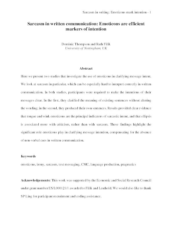 Sarcasm in written communication: emoticons are efficient markers of intention Thumbnail