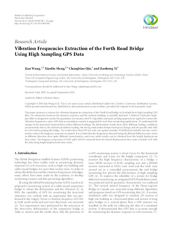 Vibration frequencies extraction of the Forth Road Bridge using high sampling GPS data Thumbnail