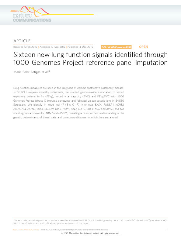 Sixteen new lung function signals identified through 1000 Genomes Project reference panel imputation Thumbnail