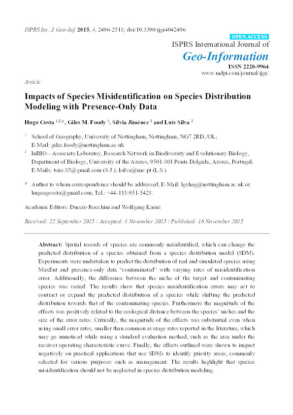 Impacts of species misidentification on species distribution modeling with presence-only data Thumbnail