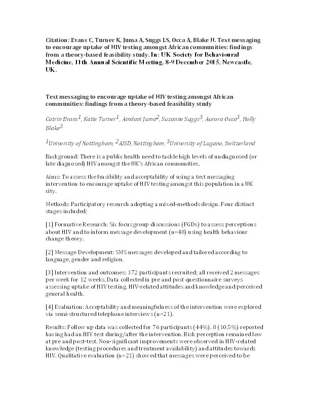 Text messaging to encourage uptake of HIV testing amongst African communities: findings from a theory-based feasibility study Thumbnail