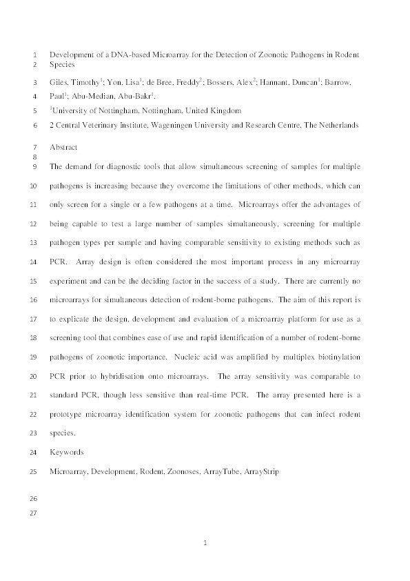 Development of a DNA-based microarray for the detection of zoonotic pathogens in rodent species Thumbnail