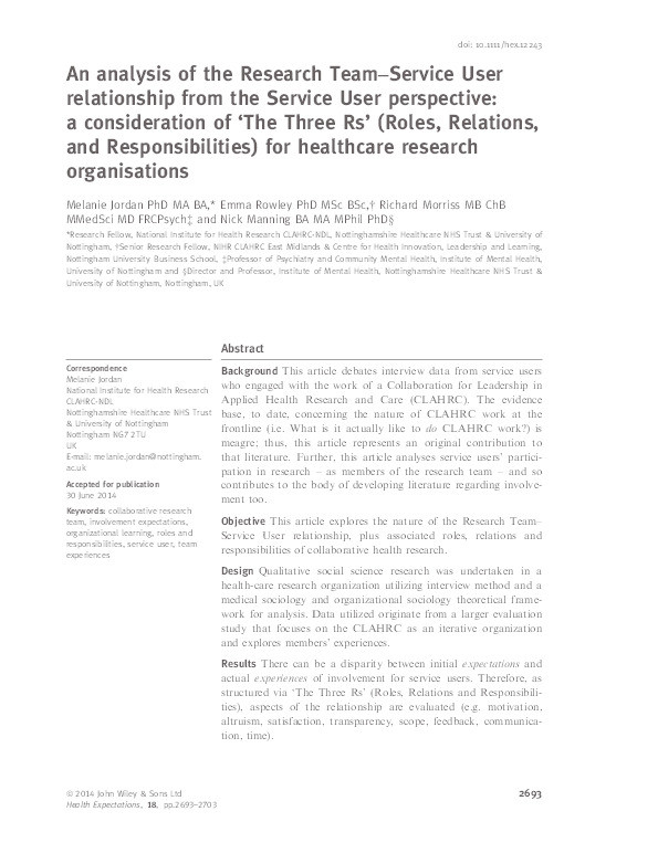 An analysis of the research team-service user relationship from the service user perspective: a consideration of ‘The three Rs’ (roles, relations, and responsibilities) for healthcare research organisations Thumbnail