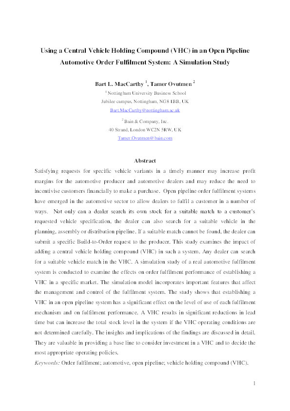 Using a central Vehicle Holding Compound (VHC) in an open pipeline automotive order fulfilment system: a simulation study Thumbnail