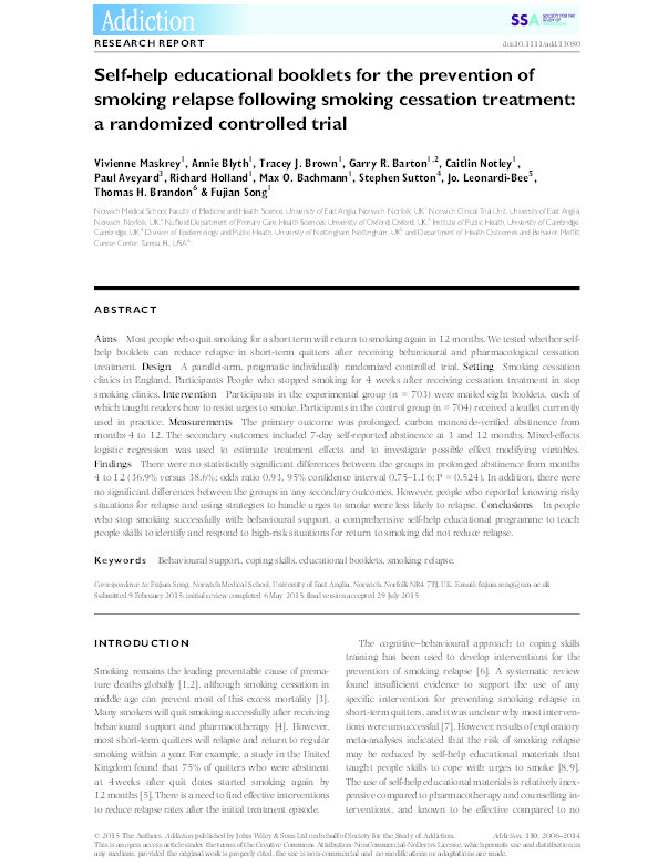 Self‐help educational booklets for the prevention of smoking relapse following smoking cessation treatment: a randomized controlled trial Thumbnail