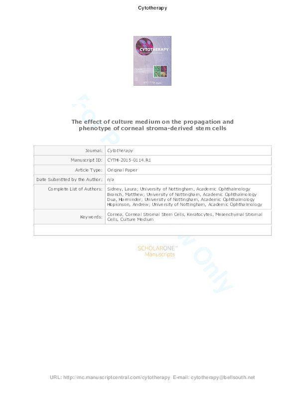 Effect of culture medium on propagation and phenotype of corneal stroma-derived stem cells Thumbnail