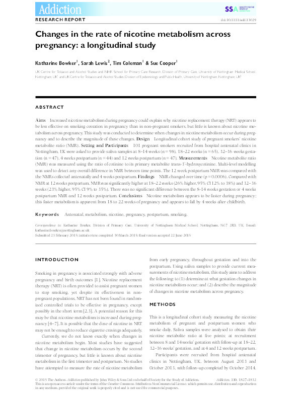 Changes in the rate of nicotine metabolism across pregnancy: a longitudinal study Thumbnail