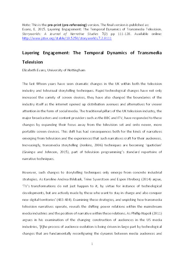 Layering engagement: the temporal dynamics of transmedia television Thumbnail