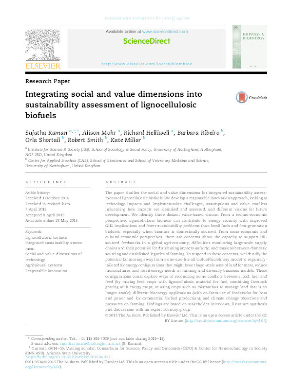 Integrating social and value dimensions into sustainability assessment of lignocellulosic biofuels Thumbnail