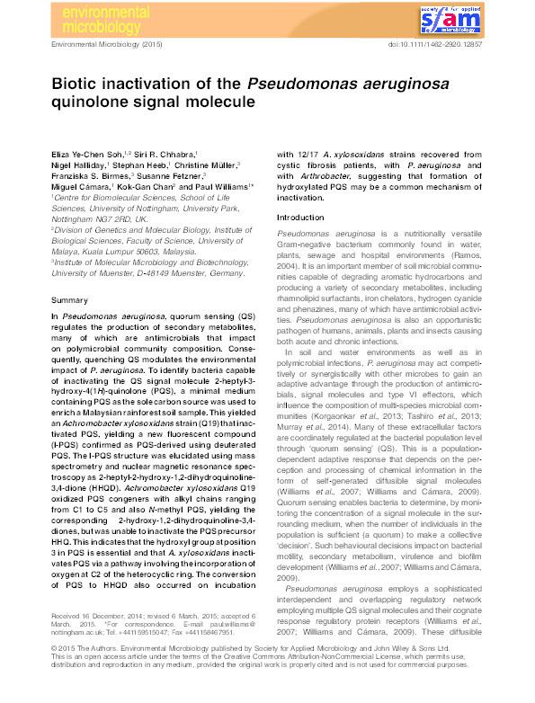 Biotic inactivation of the Pseudomonas aeruginosa quinolone signal molecule Thumbnail