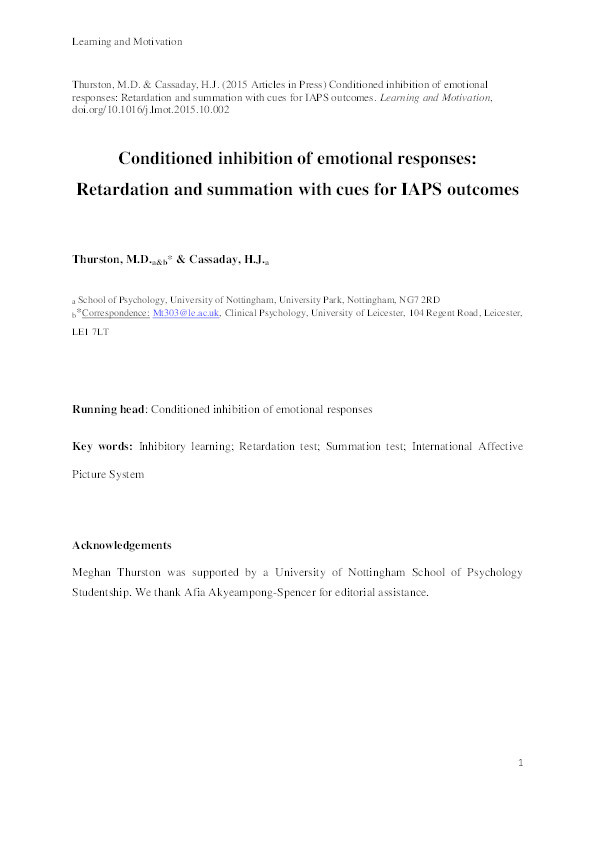 Conditioned inhibition of emotional responses: retardation and summation with cues for IAPS outcomes Thumbnail