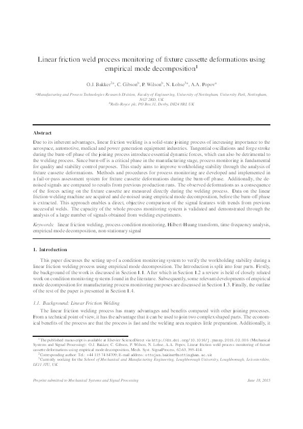 Linear friction weld process monitoring of fixture cassette deformations using empirical mode decomposition Thumbnail