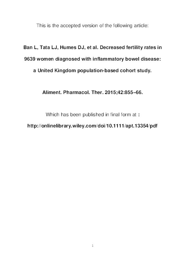 Decreased fertility rates in 9639 women diagnosed with inflammatory bowel disease: a United Kingdom population-based cohort study Thumbnail