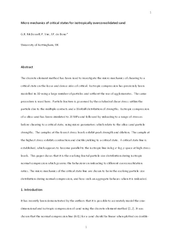 Micro mechanics of critical states for isotropically overconsolidated sand Thumbnail