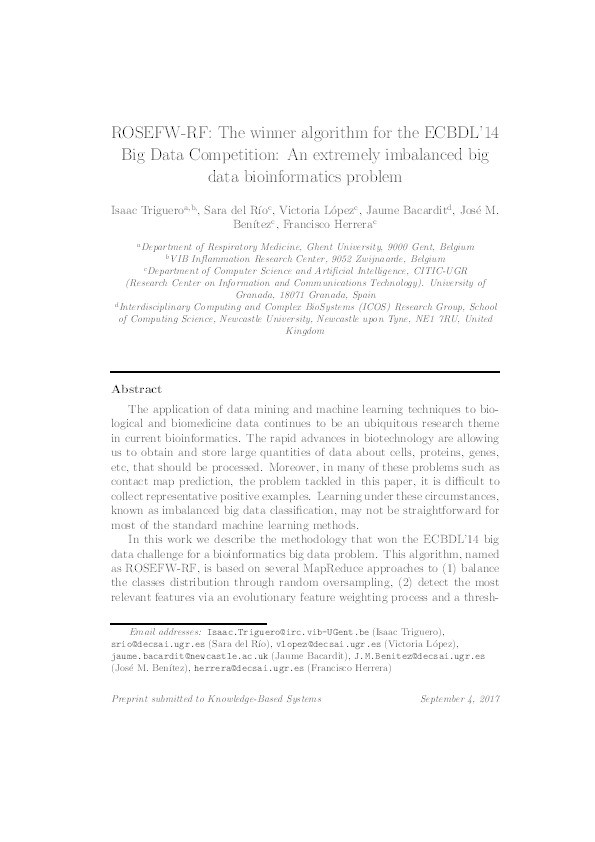 ROSEFW-RF: the winner algorithm for the ECBDL’14 big data competition: an extremely imbalanced big data bioinformatics problem Thumbnail