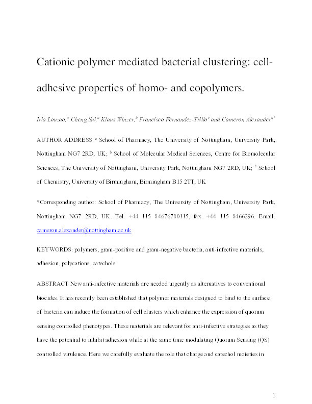 Cationic polymer mediated bacterial clustering: cell-adhesive properties of homo- and copolymers Thumbnail