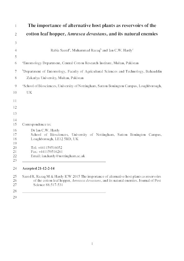 The importance of alternative host plants as reservoirs of the cotton leaf hopper, Amrasca devastans, and its natural enemies Thumbnail