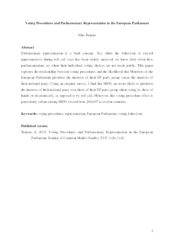 Voting procedures and parliamentary representation in the European Parliament Thumbnail