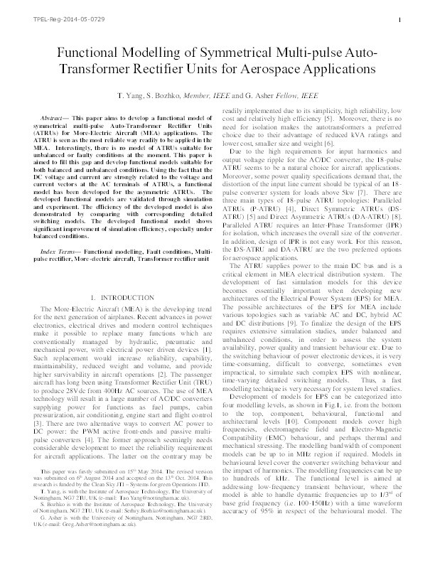 Functional modelling of symmetrical multi-pulse auto- transformer rectifier units for aerospace applications Thumbnail