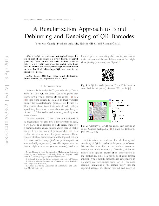 A regularization approach to blind deblurring and denoising of QR barcodes Thumbnail