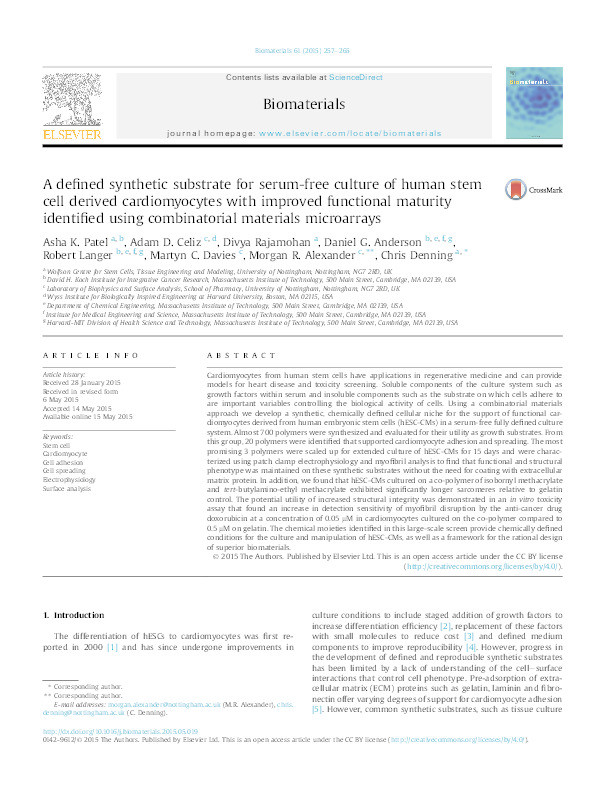 A defined synthetic substrate for serum-free culture of human stem cell derived cardiomyocytes with improved functional maturity identified using combinatorial materials microarrays Thumbnail