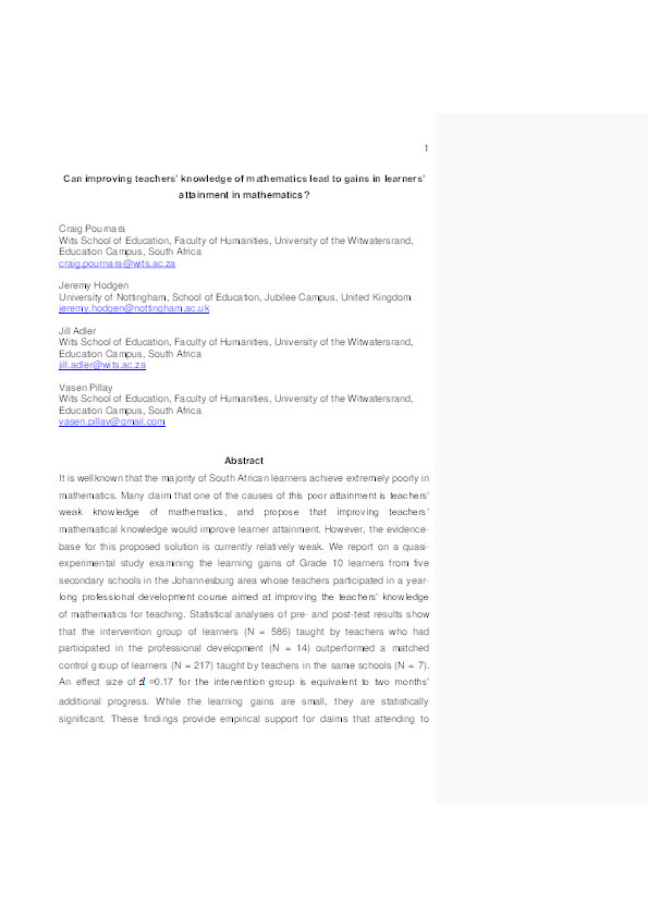 Can improving teachers’ knowledge of mathematics lead to gains in learners’ attainment in mathematics? Thumbnail