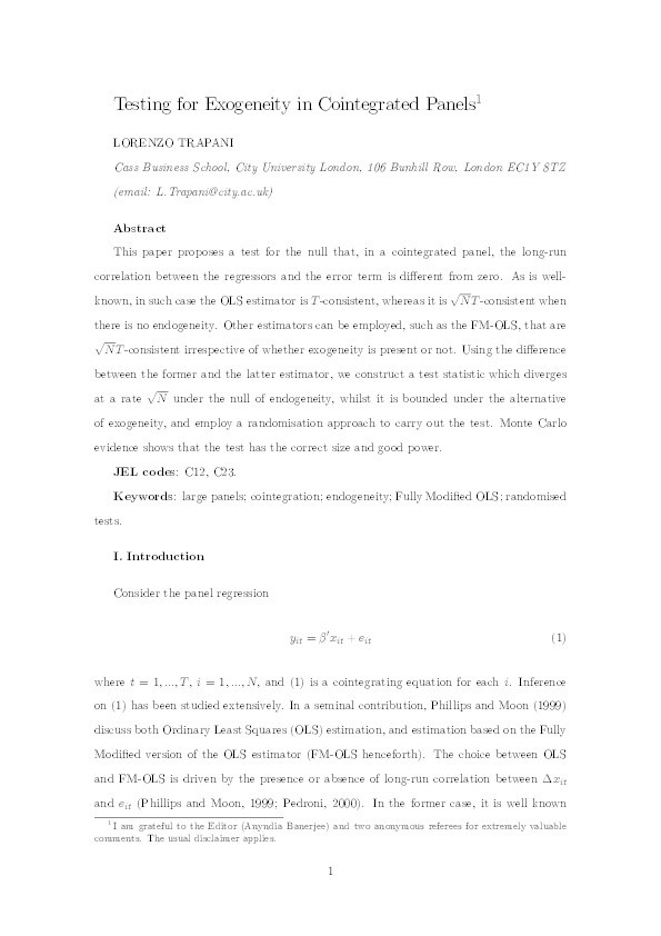 Testing for exogeneity in cointegrated panels Thumbnail