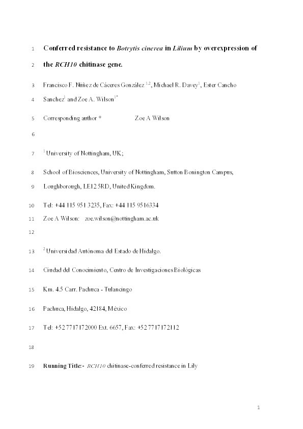 Conferred resistance to Botrytis cinerea in Lilium by overexpression of the RCH10 chitinase gene Thumbnail