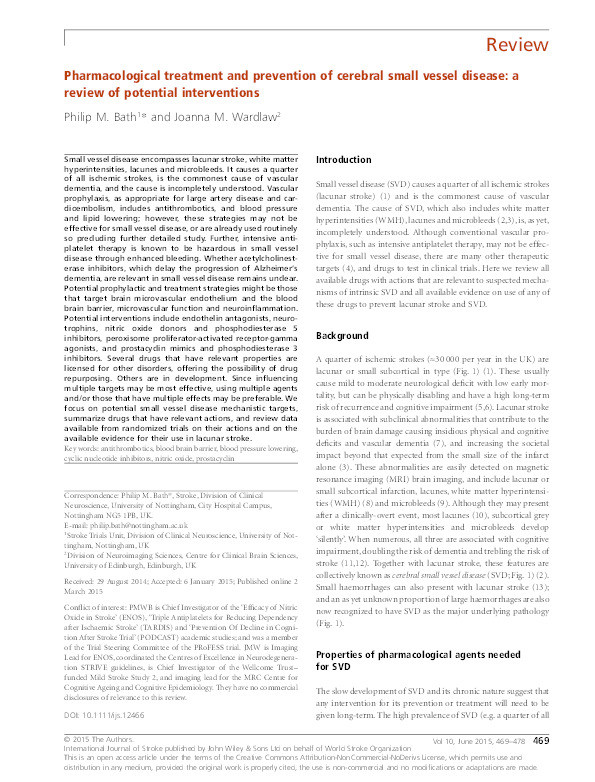 Pharmacological treatment and prevention of cerebral small vessel disease: a review of potential interventions Thumbnail