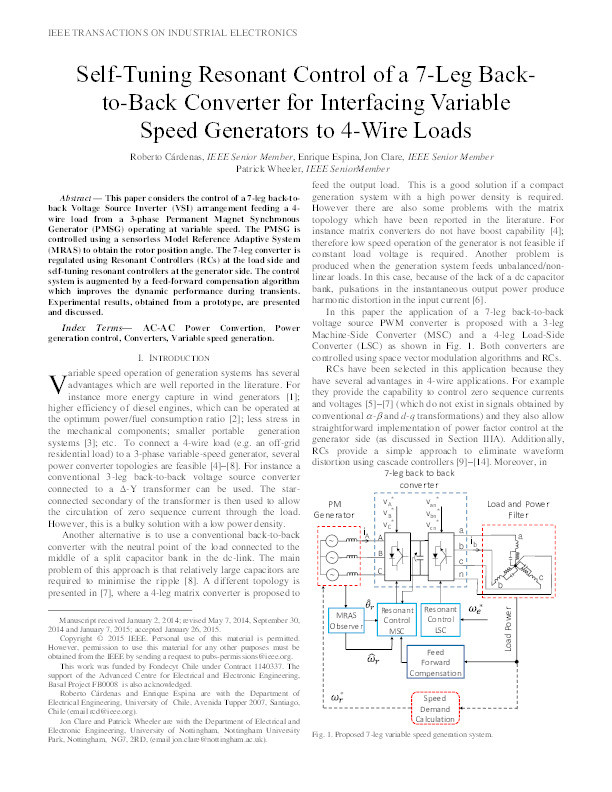 Self-tuning resonant control of a 7-leg back-to-back converter for interfacing variable speed generators to 4-wire loads Thumbnail