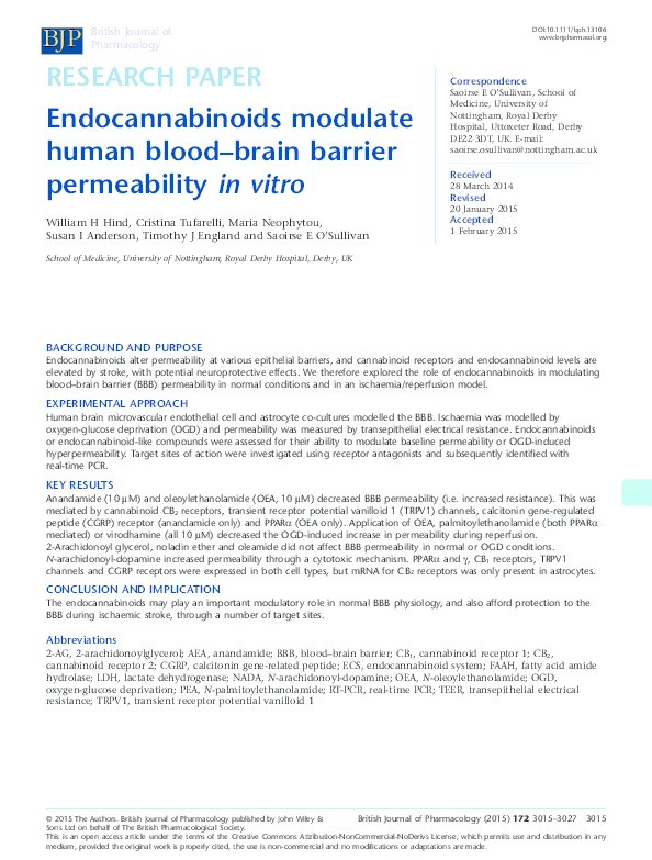Endocannabinoids modulate human blood-brain barrier permeability in vitro Thumbnail