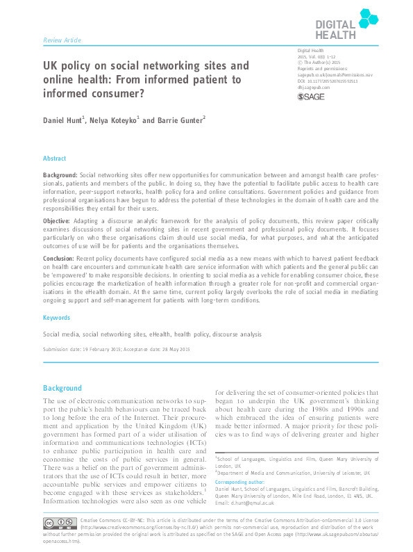 UK policy on social networking sites and online health: from informed patient to informed consumer? Thumbnail