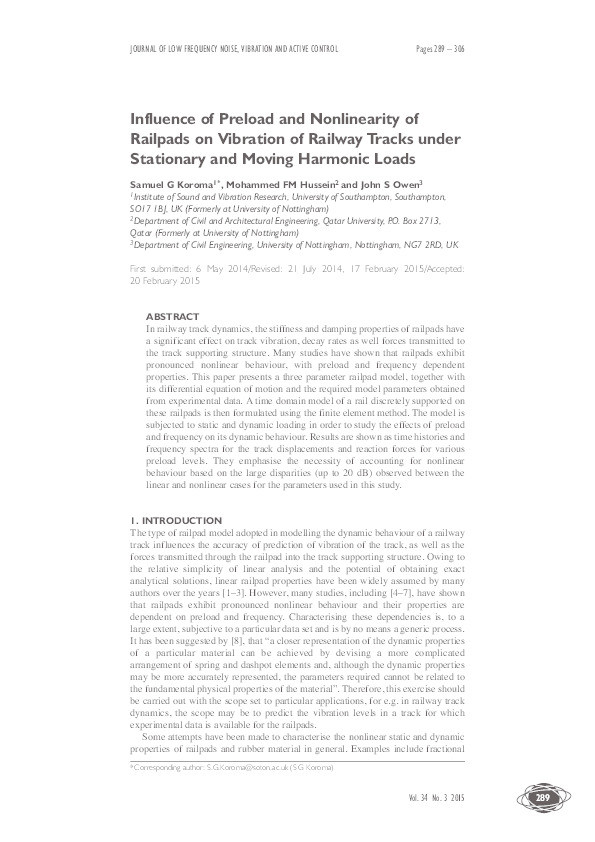 Influence of preload and nonlinearity of railpads on vibration of railway tracks under stationary and moving harmonic loads Thumbnail