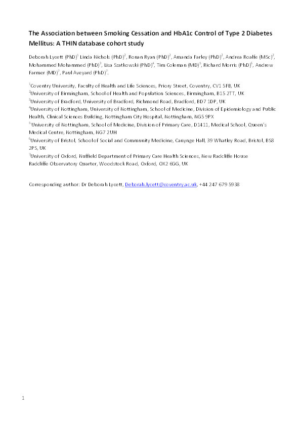 The association between smoking cessation and glycaemic control in patients with type 2 diabetes: a THIN database cohort study Thumbnail