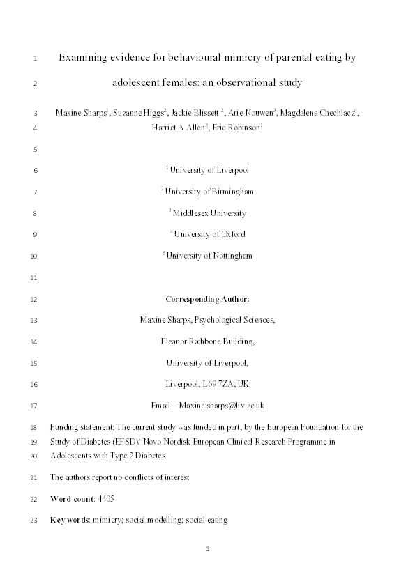 Examining evidence for behavioural mimicry of parental eating by adolescent females: an observational study Thumbnail