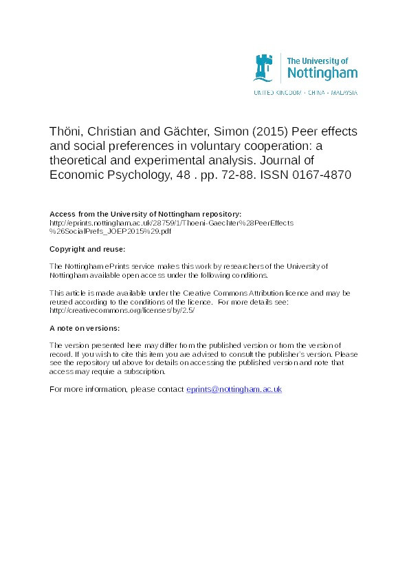 Peer effects and social preferences in voluntary cooperation: a theoretical and experimental analysis Thumbnail
