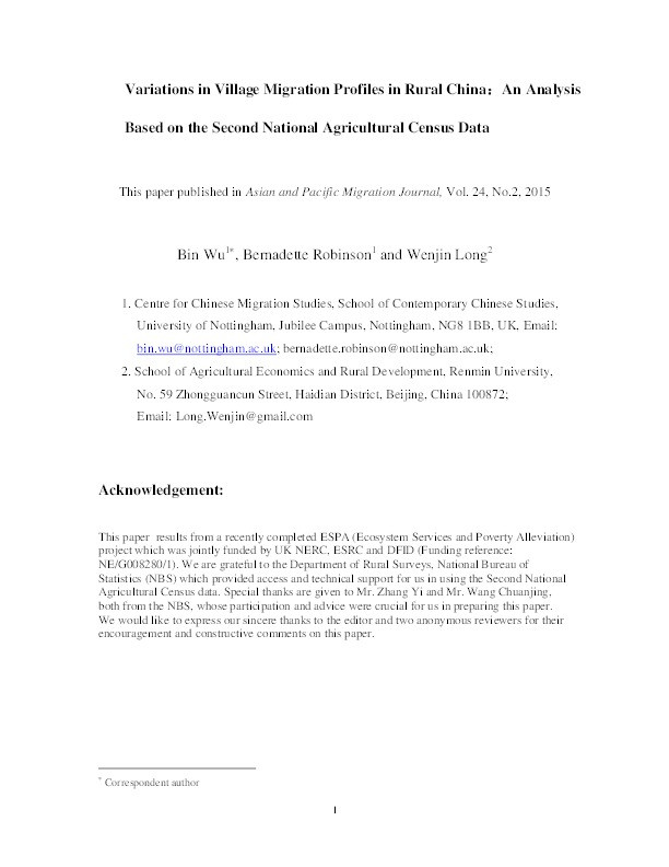 Variations in village migration profiles in rural China? an analysis based on the second national agricultural census data Thumbnail