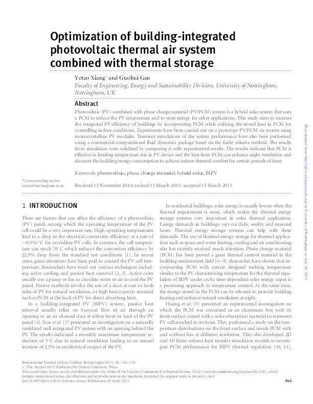 Optimization of building-integrated photovoltaic thermal air system combined with thermal storage Thumbnail