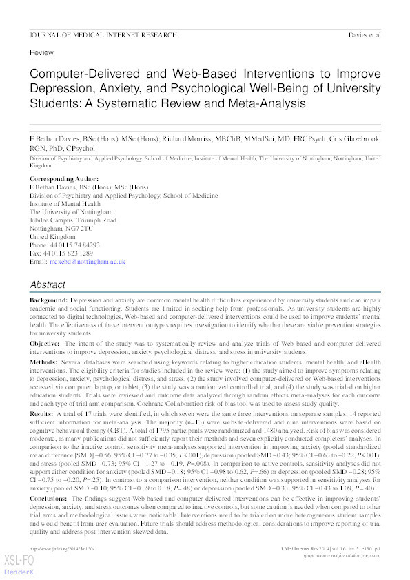 Computer-Delivered and Web-Based Interventions to Improve Depression, Anxiety, and Psychological Well-Being of University Students: A Systematic Review and Meta-Analysis Thumbnail