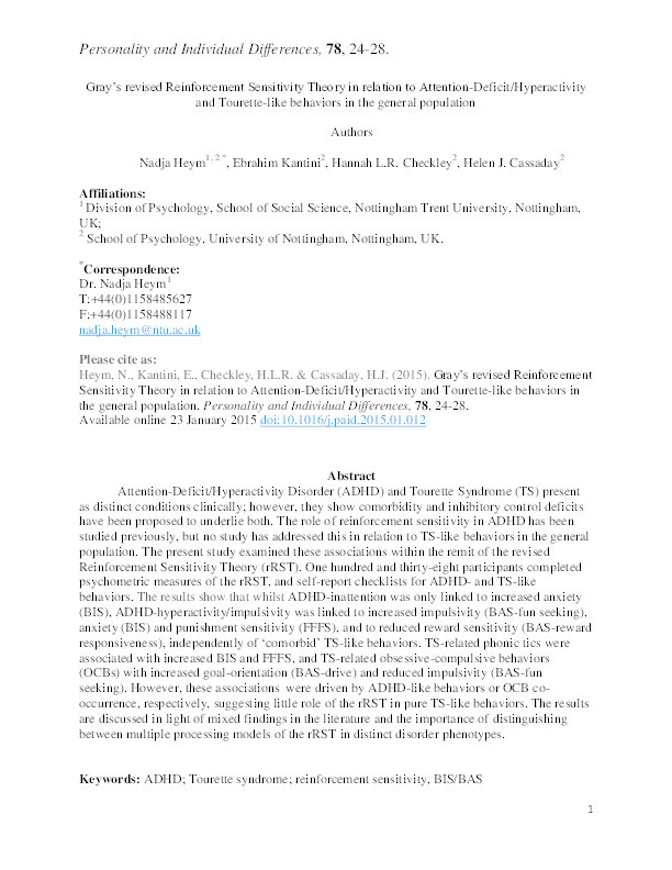 Gray’s revised Reinforcement Sensitivity Theory in relation to Attention-Deficit/Hyperactivity and Tourette-like behaviors in the general population Thumbnail