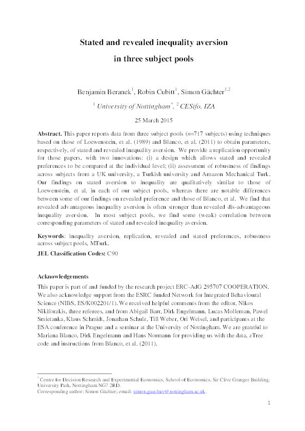 Stated and revealed inequality aversion in three subject pools Thumbnail