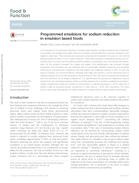 Programmed emulsions for sodium reduction in emulsion based foods Thumbnail