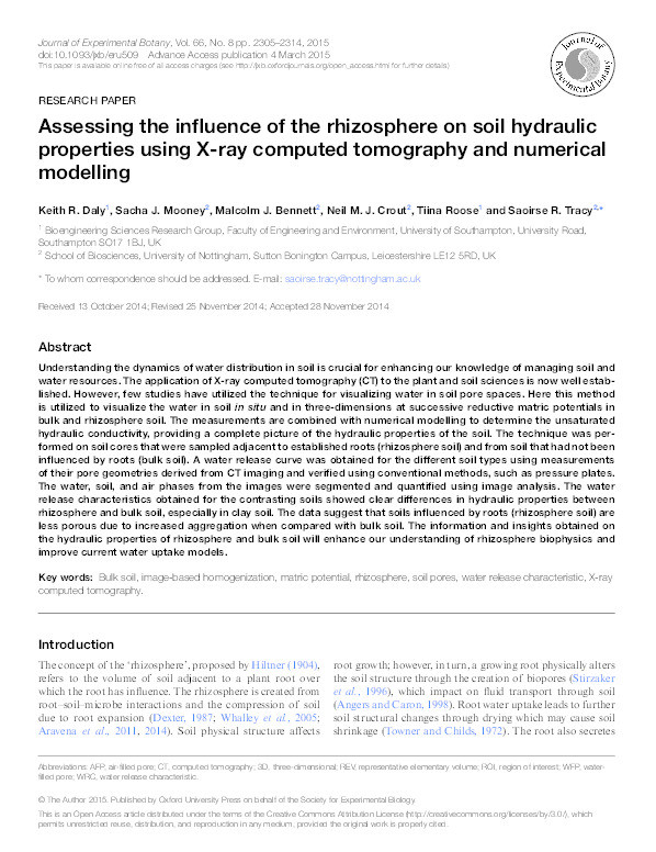 Assessing the influence of the rhizosphere on soil hydraulic properties using X-ray computed tomography and numerical modelling Thumbnail