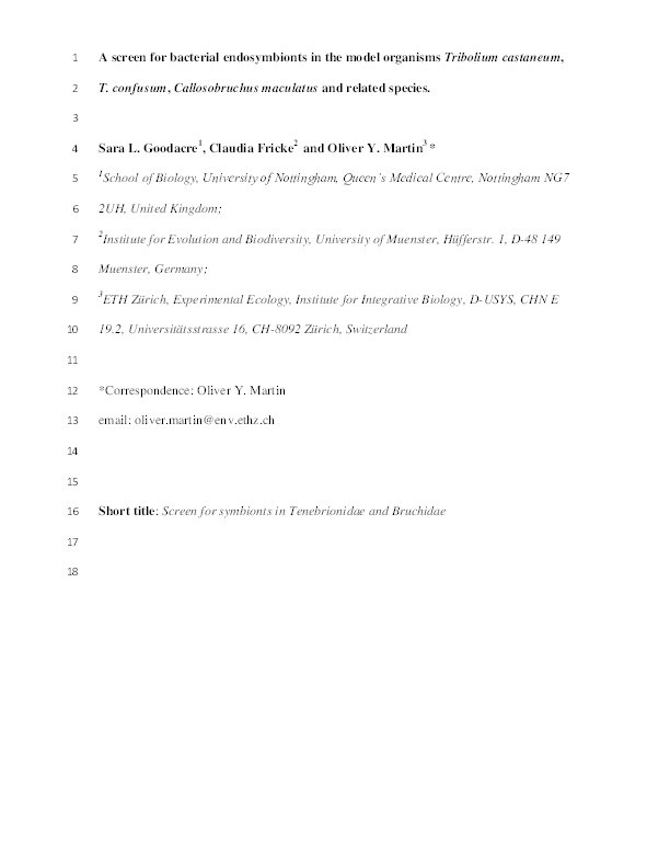 A screen for bacterial endosymbionts in the model organisms Tribolium castaneum, T. confusum, Callosobruchus maculatus, and related species Thumbnail