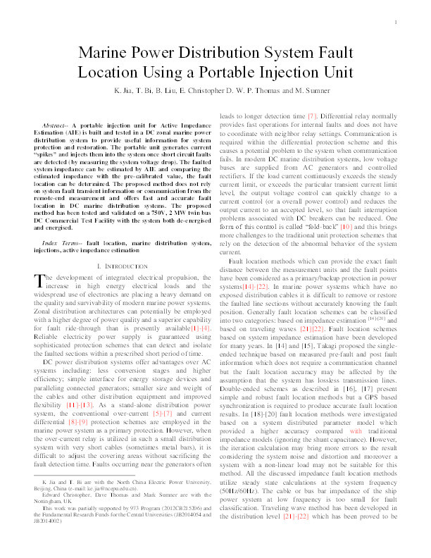 Marine power distribution system fault location using a portable injection unit Thumbnail
